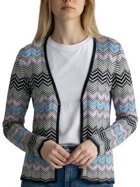Pendleton Silk Cotton Chevron Cardigan V Neck Knit Gray Purple Blue S